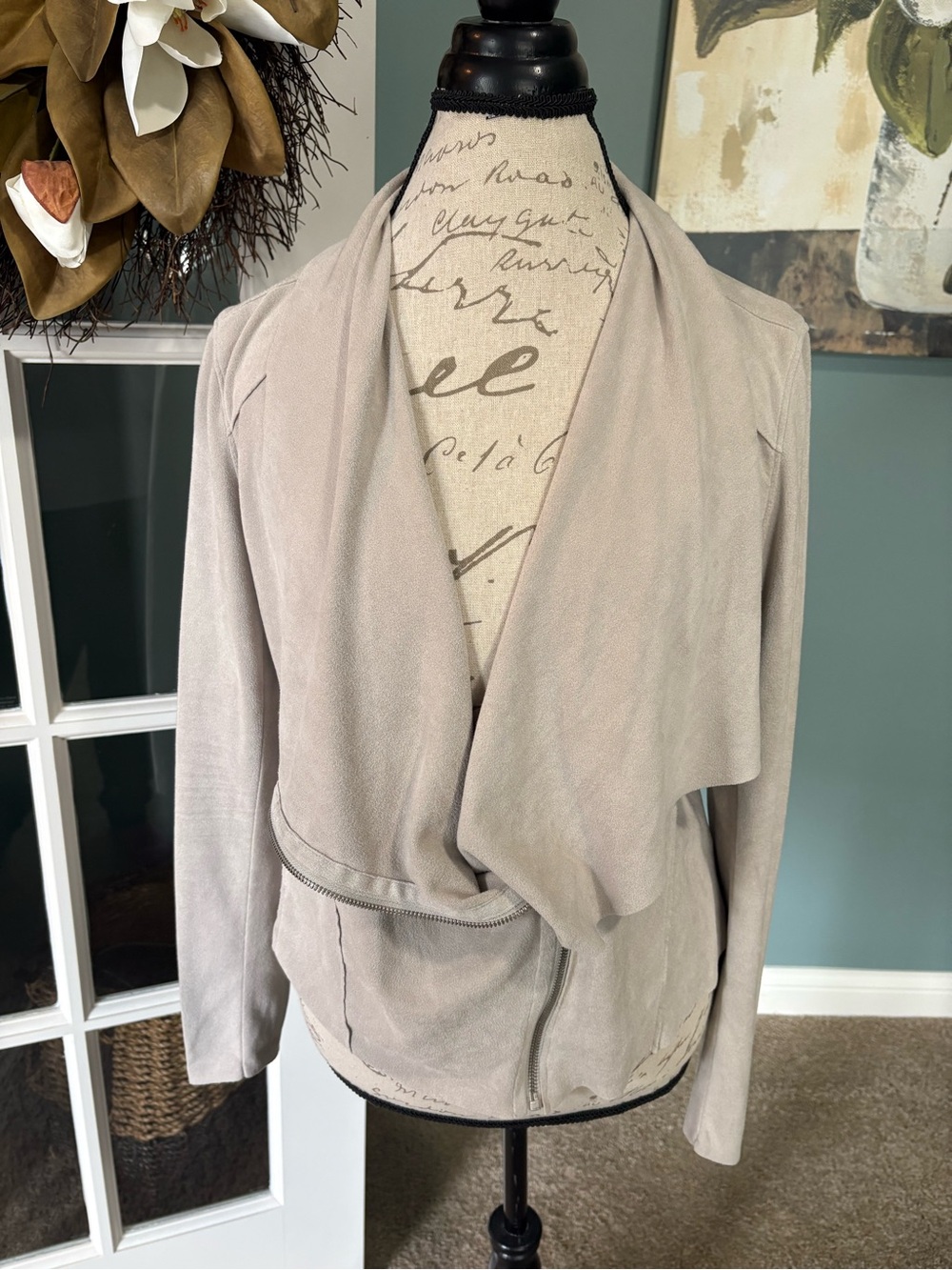 Draped Open-Front Women's Cardigan Jacket in Light Taupe